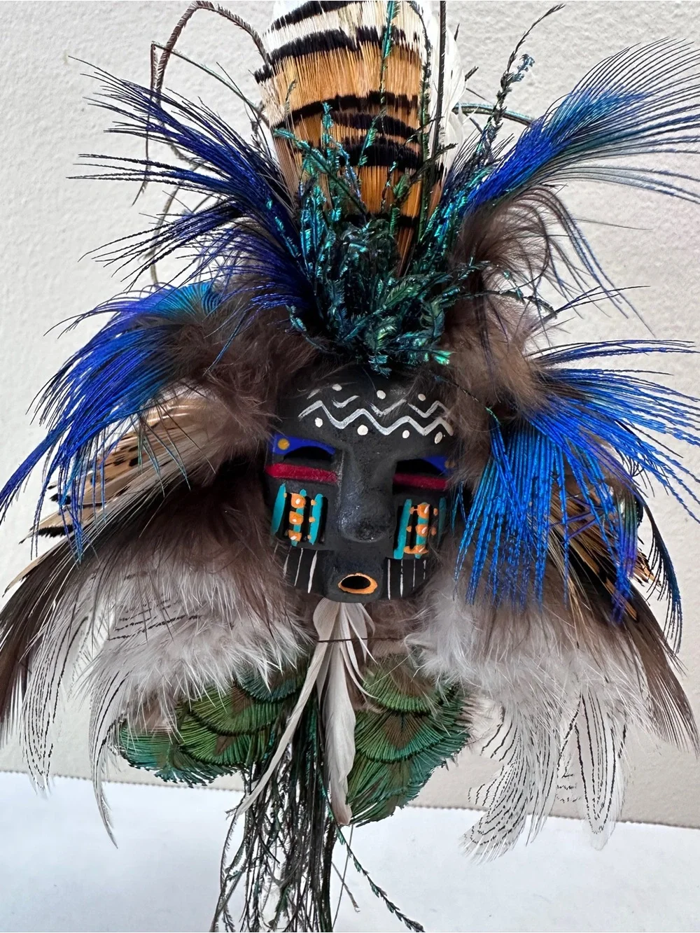Pair Miniature Tribal Shaman Feather Masks on Lucite Stands Mixed Media Art Vtg